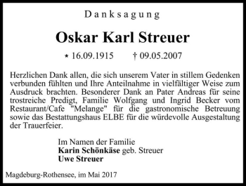 Traueranzeige von Oskar Karl Streuer  von Magdeburger Volksstimme