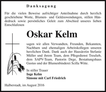 Traueranzeige von Oskar Kelm  von Magdeburger Volksstimme
