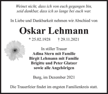 Traueranzeige von Oskar Lehmann  von Magdeburger Volksstimme