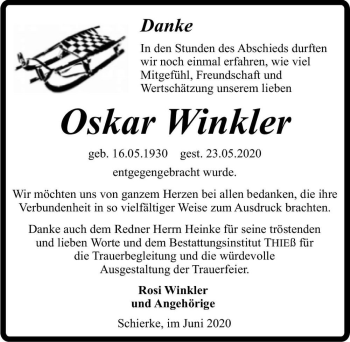 Traueranzeige von Oskar Winkler  von Magdeburger Volksstimme