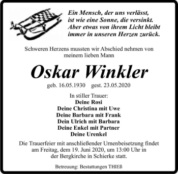 Traueranzeige von Oskar Winkler  von Magdeburger Volksstimme