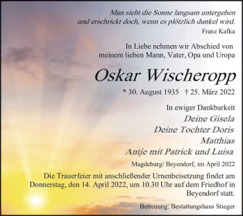 Traueranzeige von Oskar Wischeropp  von Magdeburger Volksstimme