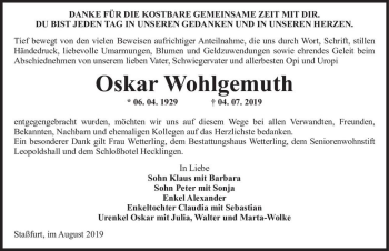 Traueranzeige von Oskar Wohlgemuth  von Magdeburger Volksstimme