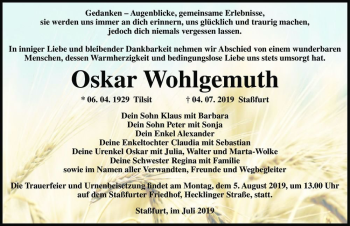 Traueranzeige von Oskar Wohlgemuth  von Magdeburger Volksstimme