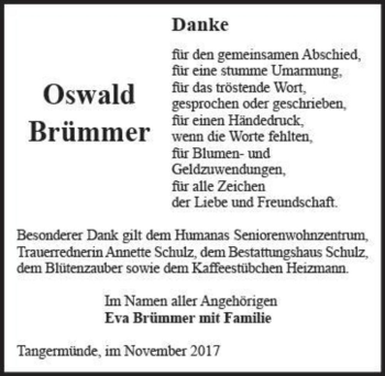 Traueranzeige von Oswald Brümmer  von Magdeburger Volksstimme