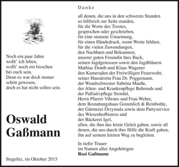 Traueranzeige von Oswald Gaßmann  von Magdeburger Volksstimme
