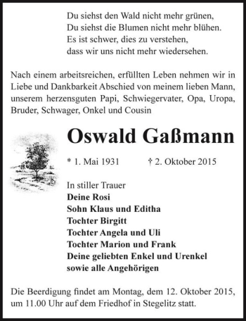 Traueranzeige von Oswald Gaßmann  von Magdeburger Volksstimme