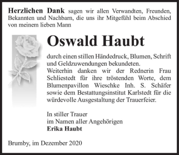 Traueranzeige von Oswald Haubt  von Magdeburger Volksstimme