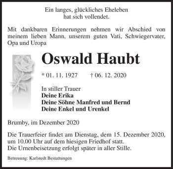 Traueranzeige von Oswald Haubt  von Magdeburger Volksstimme