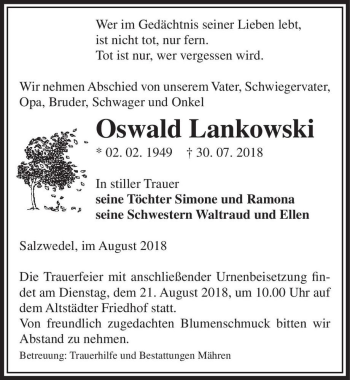 Traueranzeige von Oswald Lankowski  von Magdeburger Volksstimme
