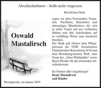 Traueranzeige von Oswald Mastalirsch  von Magdeburger Volksstimme
