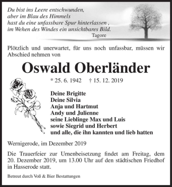 Traueranzeige von Oswald Oberländer  von Magdeburger Volksstimme