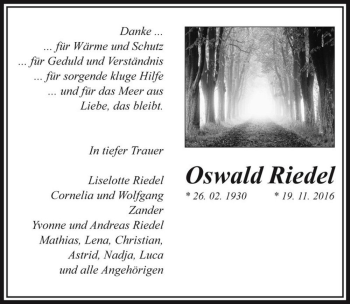 Traueranzeige von Oswald Riedel  von Magdeburger Volksstimme