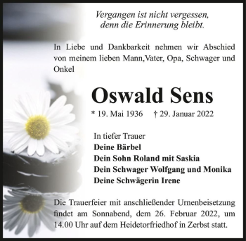 Traueranzeige von Oswald Sens  von Magdeburger Volksstimme