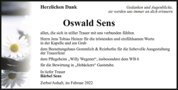 Traueranzeige von Oswald Sens  von Magdeburger Volksstimme