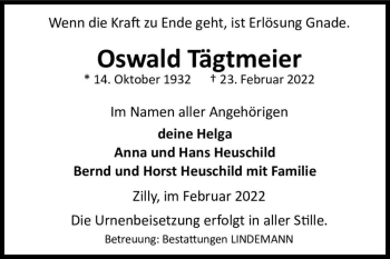 Traueranzeige von Oswald Tägtmeier  von Magdeburger Volksstimme