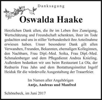 Traueranzeige von Oswalda Haake  von Magdeburger Volksstimme