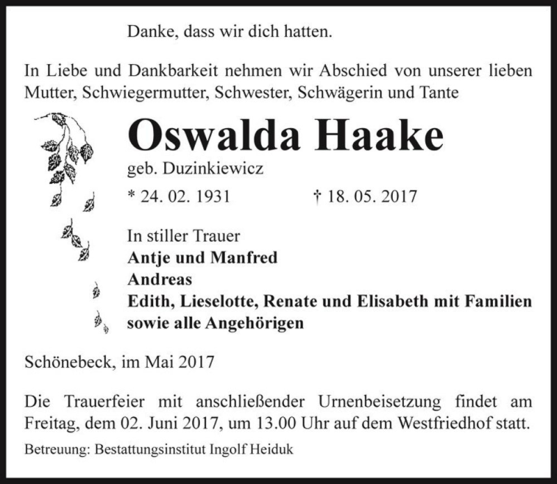  Traueranzeige für Oswalda Haake (geb. Duzinkiewicz)  vom 20.05.2017 aus Magdeburger Volksstimme