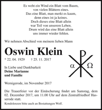 Traueranzeige von Oswin Klein  von Magdeburger Volksstimme