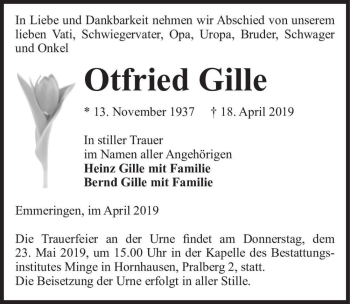 Traueranzeige von Otfried Gille  von Magdeburger Volksstimme