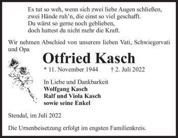 Traueranzeige von Otfried Kasch  von Magdeburger Volksstimme