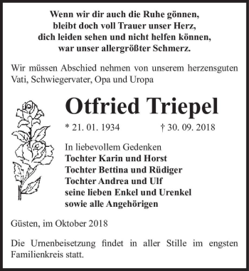 Traueranzeige von Otfried Triepel  von Magdeburger Volksstimme