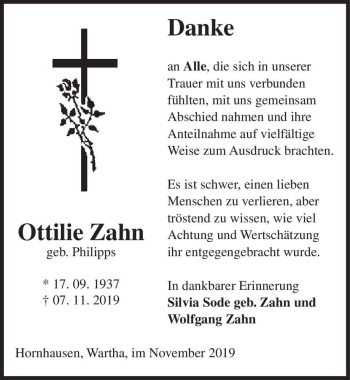 Traueranzeige von Otilie Zahn (geb. Philipps)  von Magdeburger Volksstimme