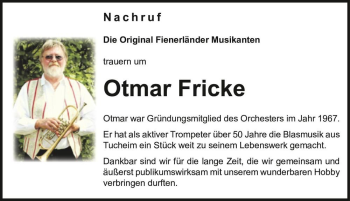 Traueranzeige von Otmar Fricke  von Magdeburger Volksstimme