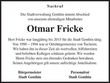 Traueranzeige von Otmar Fricke  von Magdeburger Volksstimme