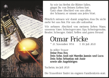 Traueranzeige von Otmar Fricke  von Magdeburger Volksstimme
