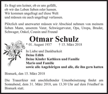 Traueranzeige von Otmar Schulz  von Magdeburger Volksstimme