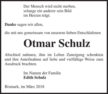 Traueranzeige von Otmar Schulz  von Magdeburger Volksstimme