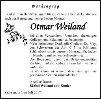 Traueranzeige von Otmar Weiland  von Magdeburger Volksstimme