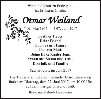 Traueranzeige von Otmar Weiland  von Magdeburger Volksstimme