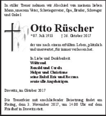 Traueranzeige von Otta Rüscher  von Magdeburger Volksstimme