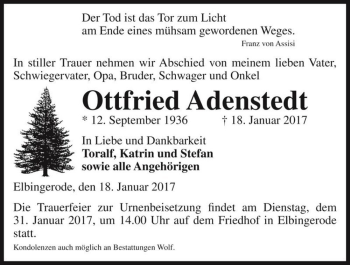 Traueranzeige von Ottfried Adenstedt  von Magdeburger Volksstimme