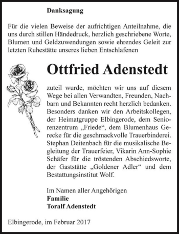 Traueranzeige von Ottfried Adenstedt  von Magdeburger Volksstimme