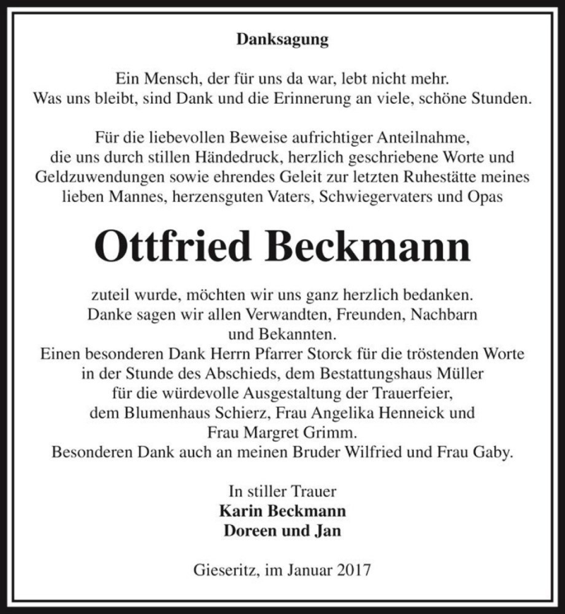  Traueranzeige für Ottfried Beckmann  vom 02.02.2017 aus Magdeburger Volksstimme