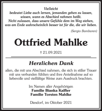 Traueranzeige von Ottfried Mahlke  von Magdeburger Volksstimme