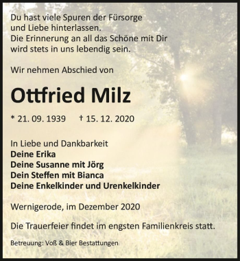 Traueranzeige von Ottfried Milz  von Magdeburger Volksstimme