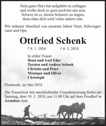 Traueranzeige von Ottfried Schenk  von Magdeburger Volksstimme