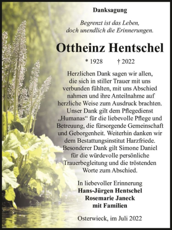 Traueranzeige von Ottheinz Hentschel  von Magdeburger Volksstimme