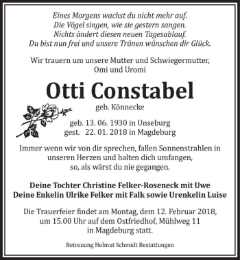 Traueranzeige von Otti Constabel (geb. Könnecke)  von Magdeburger Volksstimme