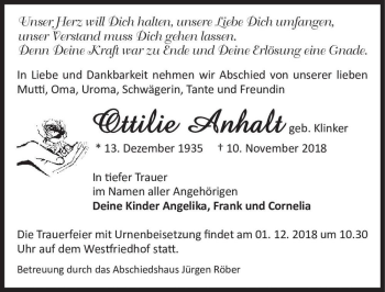 Traueranzeige von Ottilie Anhalt (geb. Klinker)  von Magdeburger Volksstimme