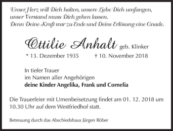 Traueranzeige von Ottilie Anhalt (geb. Klinker)  von Magdeburger Volksstimme