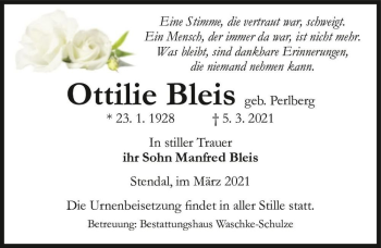 Traueranzeige von Ottilie Bleis (geb. Perlberg)  von Magdeburger Volksstimme