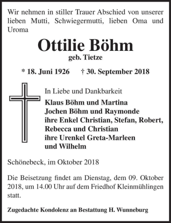 Traueranzeige von Ottilie Böhm (geb. Tietze)  von Magdeburger Volksstimme