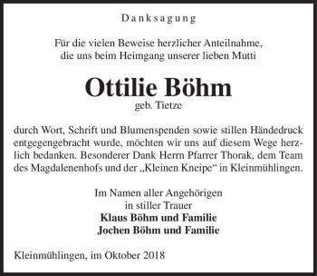 Traueranzeige von Ottilie Böhm (geb. Tietze)  von Magdeburger Volksstimme