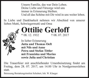 Traueranzeige von Ottilie Gerloff  von Magdeburger Volksstimme