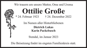 Traueranzeige von Ottilie Große  von Magdeburger Volksstimme